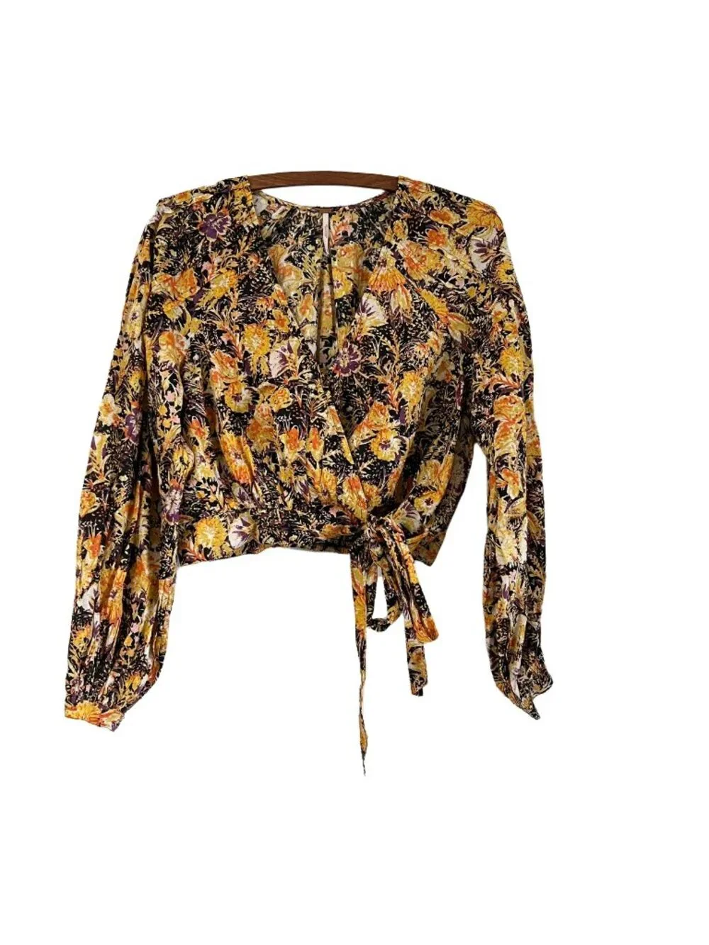 Free People Boho Floral Wrap Tie Balloon Sleeve Blouse Top Size XSmall